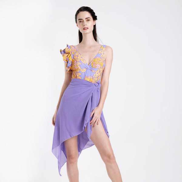 PURPLE AUTUMN RUFFLED ONE PIECE + SARONG