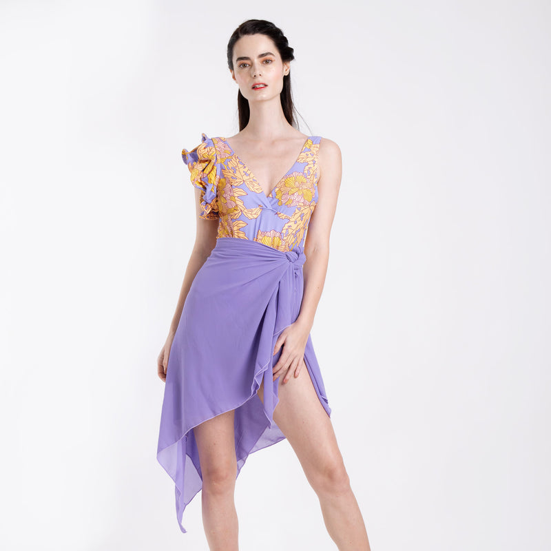 PURPLE AUTUMN RUFFLED ONE PIECE + SARONG