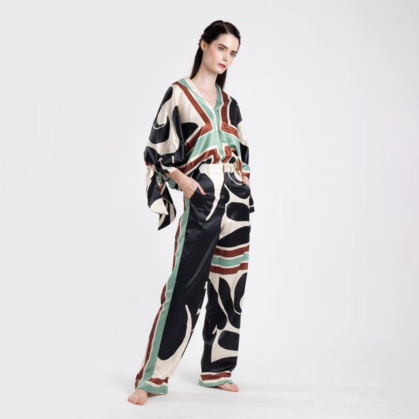 CUFF BOWKNOT PRINTED PANTS SET