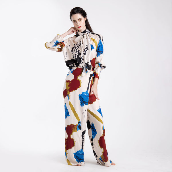 PRINTED BOWKNOT BELT PANTS SET