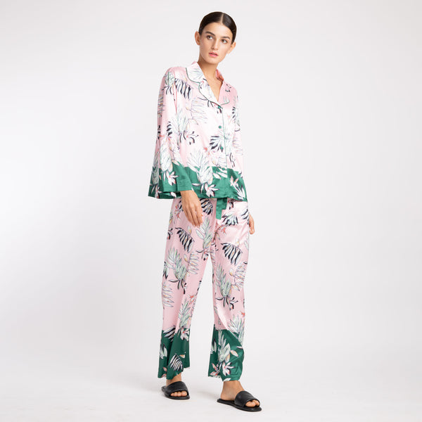 PINK GREEN FLORAL SILK SATIN