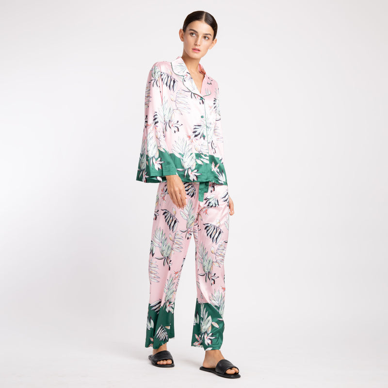 PINK GREEN FLORAL SILK SATIN