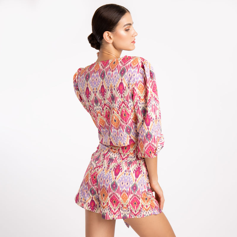 KNOTTED V-NECK PRINTED SKIRT SET