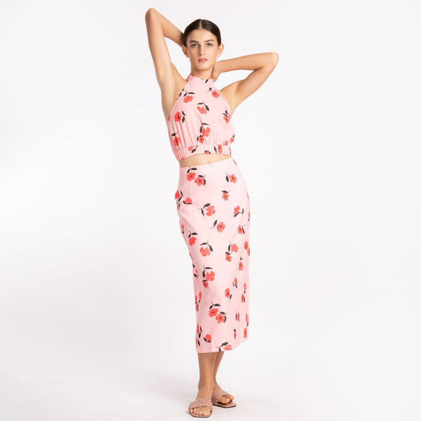 RED FLORAL HALTER SKIRT SET